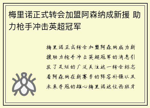 梅里诺正式转会加盟阿森纳成新援 助力枪手冲击英超冠军