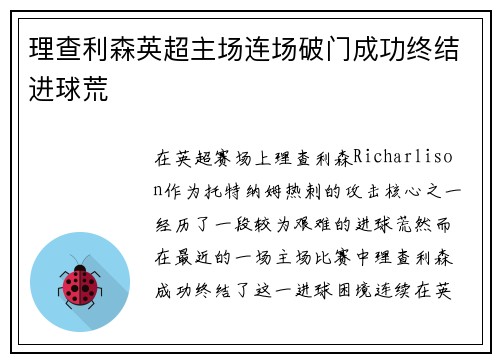 理查利森英超主场连场破门成功终结进球荒 理查利森英超主场连场破门成功终结进球荒